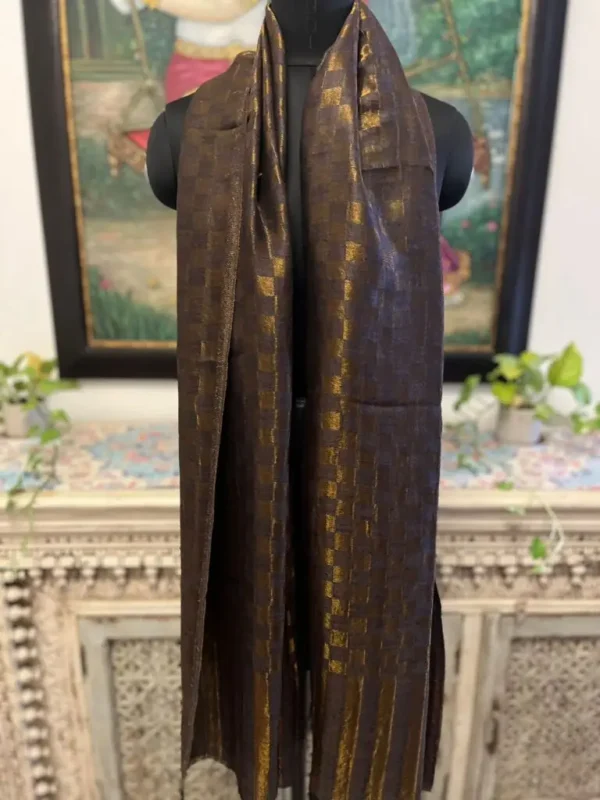 Deep Brown New Chess Check Zari Stripe Ladies Designer Shawls Manufacturer