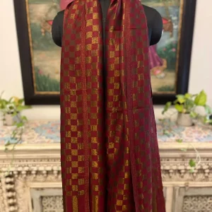 Deep Maroon New Chess Check Zari Stripe Ladies Designer Shawls