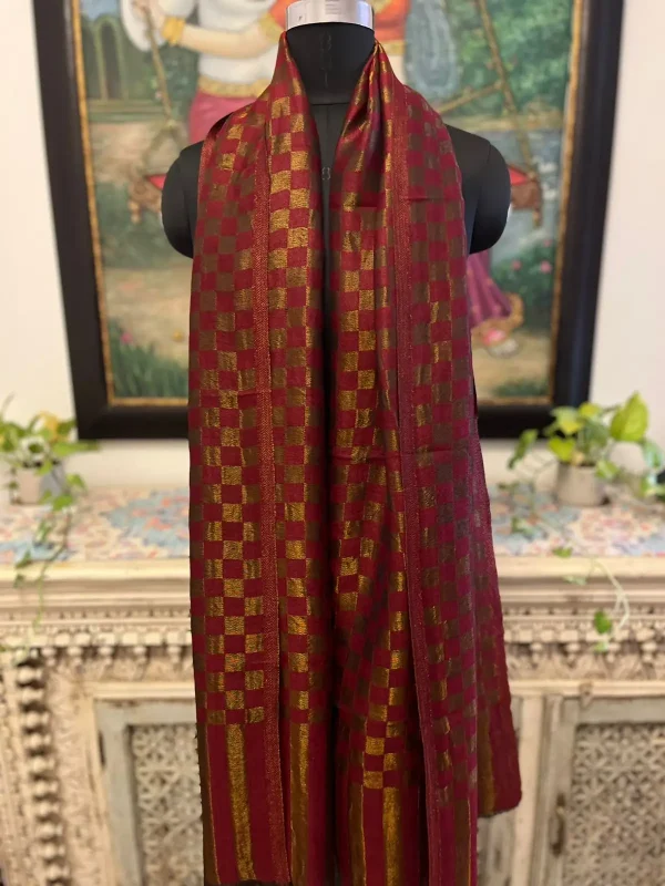 Deep Maroon New Chess Check Zari Stripe Ladies Designer Shawls Manufacturer