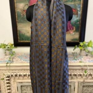 Grey New Chess Check Zari Stripe Ladies Designer Shawls