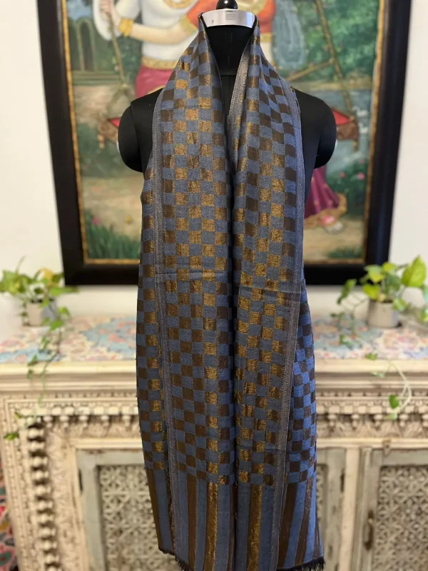 Grey New Chess Check Zari Stripe Ladies Designer Shawls Manufacturer