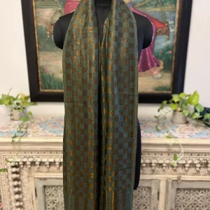 Olive Green New Chess Check Zari Stripe Ladies Designer Shawls
