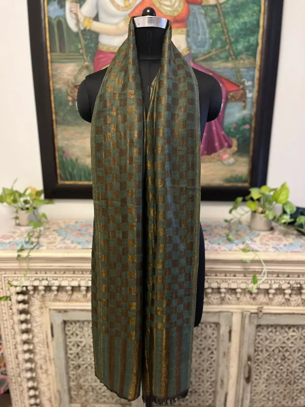Olive Green New Chess Check Zari Stripe Ladies Designer Shawls Manufacturer