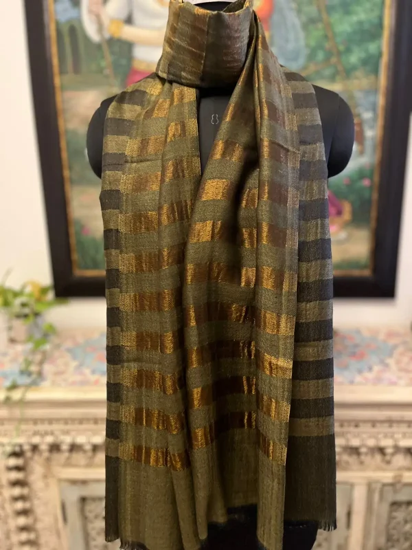 Olive Green New Zari Stripe Ladies Designer Shawls Manufacturer