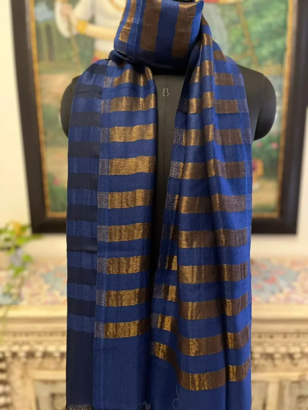 Royal Blue New Zari Stripe Ladies Designer Shawls Manufacturer | Savita Shawls