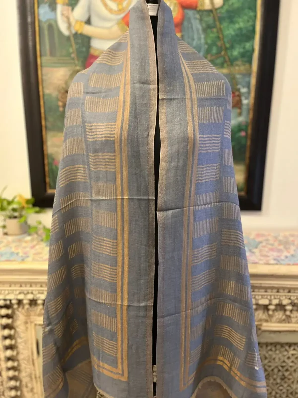 SOFT GREY BLUE NEW SELF ZARI LADIES DESIGNER SHAWLS MANUFACTURER