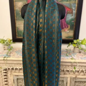 Teal Green New Chess Check Zari Stripe Ladies Designer Shawls
