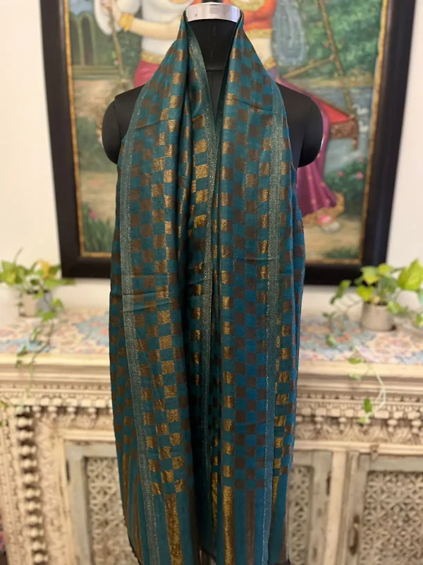 Teal Green New Chess Check Zari Stripe Ladies Designer Shawls Manufacturer