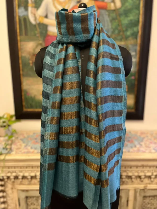 Turquoise Blue New Zari Stripe Ladies Designer Shawls Manufacturer & Exporter