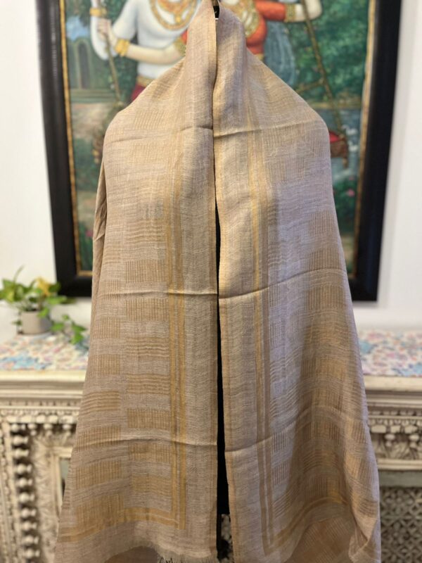 Beige Fine Wool Zari Striped Stole, Ladies Designer Shawl, Wholesale Manufacturer & Private Label Supplier