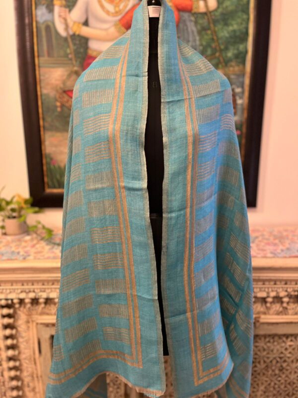 Turquoise Blue Fine Wool Zari Striped Stole, Ladies Designer Shawl, Wholesale Manufacturer & Private Label Supplier