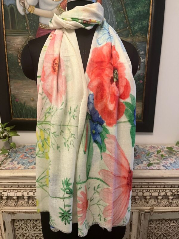 Off White Fine Wool Digital Print Stole, Floral Design, Wholesale Manufacturer & Private Label Supplier