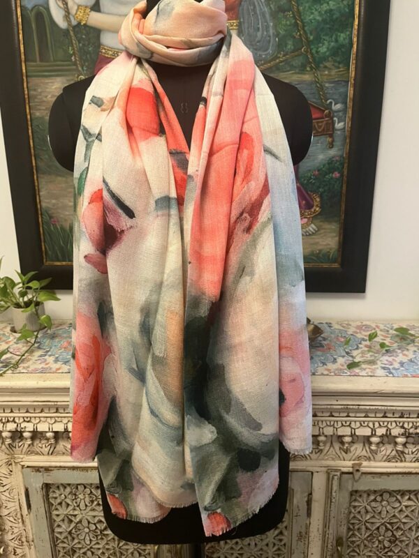 Coral Pink Fine Wool Digital Print Stole, Floral Design, Wholesale Manufacturer & Private Label Supplier