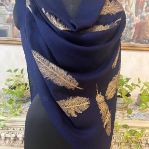 Navy Blue Feather Foil Wool Pashmina Shawls for Women