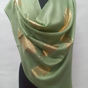 Mint Green Wool Foil Print Pashmina Shawls for Women