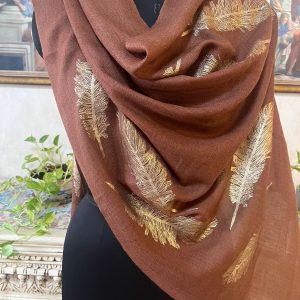 Brown Feather Foil Wool Pashmina Shawls for Women