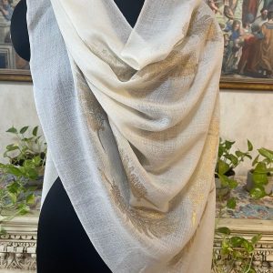 Cream Feather Foil Wool Pashmina Shawls for Women