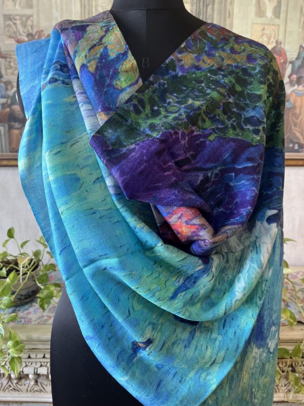 Ocean Blue Abstract Wool Digital Print Stoles, Wholesale & Private Label