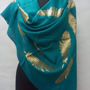 Teal Feather Foil Wool Pashmina Shawls for Women