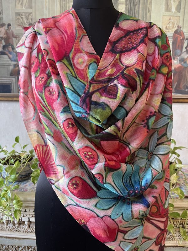 Vibrant Pink & Red Floral Wool Digital Print Pashmina Shawls for Women