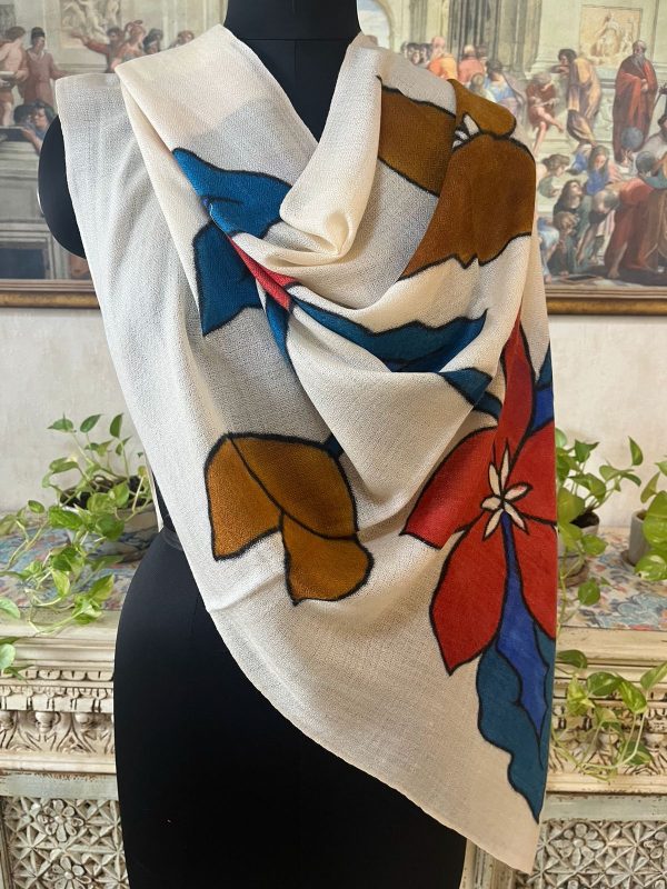 Off-White Hand Painted Wool Silk Pashmina Shawl, Floral Design, Wholesale & Private Label
