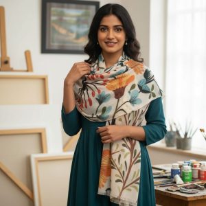 Beige Floral Wool Digital Print Pashmina Shawls for Women