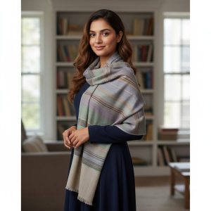 Beige Multicolor Wool 7 Stripe Pashmina Shawls for Women