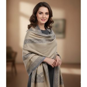 Beige Wool Blue Border Jaal Kani Pashmina Shawls for Women