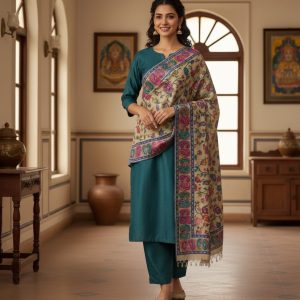 Beige Wool Hand Kalamkari Embroidery Pashmina Shawl for Women