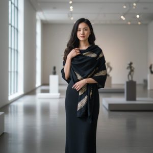 Black Feather Foil Wool Pashmina Shawls for Women