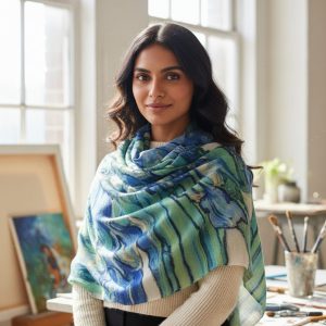 Blue & Green Abstract Wool Digital Print Pashmina Shawls for Women