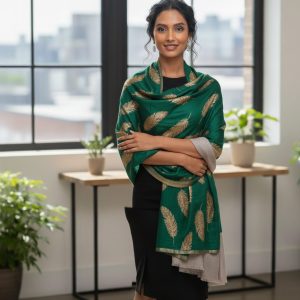 Bottle Green Feather Foil Wool Pashmina Shawls for Women