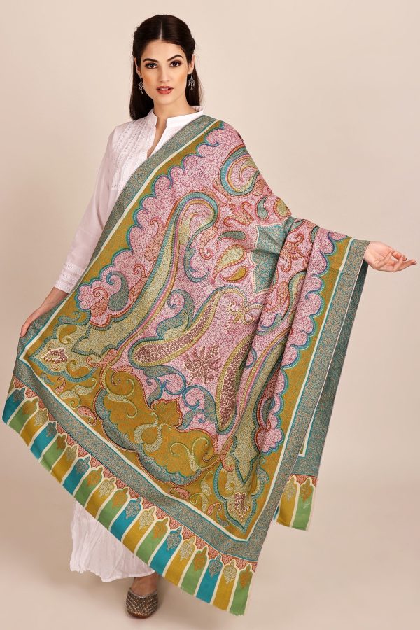 Green Fine Wool Zari Reversible Shawl, Wholesale & Export Supplier
