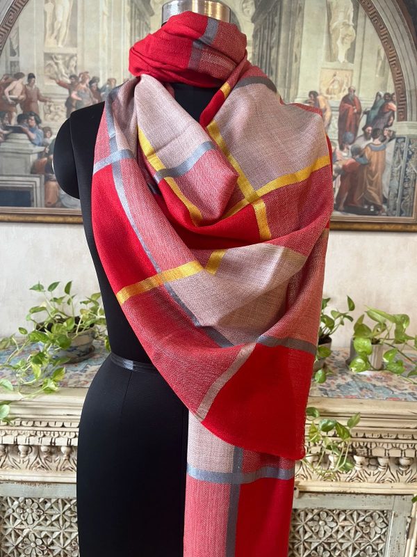 Elegant Red & Beige Wool Silk Box Check Pashmina Shawl, Woven Pattern, Wholesale Manufacturer