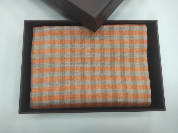 Elegant Orange & Beige Wool Tencel Check Pashmina Stole, Natural Check Pattern, Wholesale Manufacturer