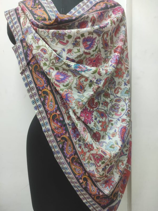 Ivory Multi-Color Wool Kalamkari Embroidered Pashmina Shawl, Black Border, Wholesale & Private Label