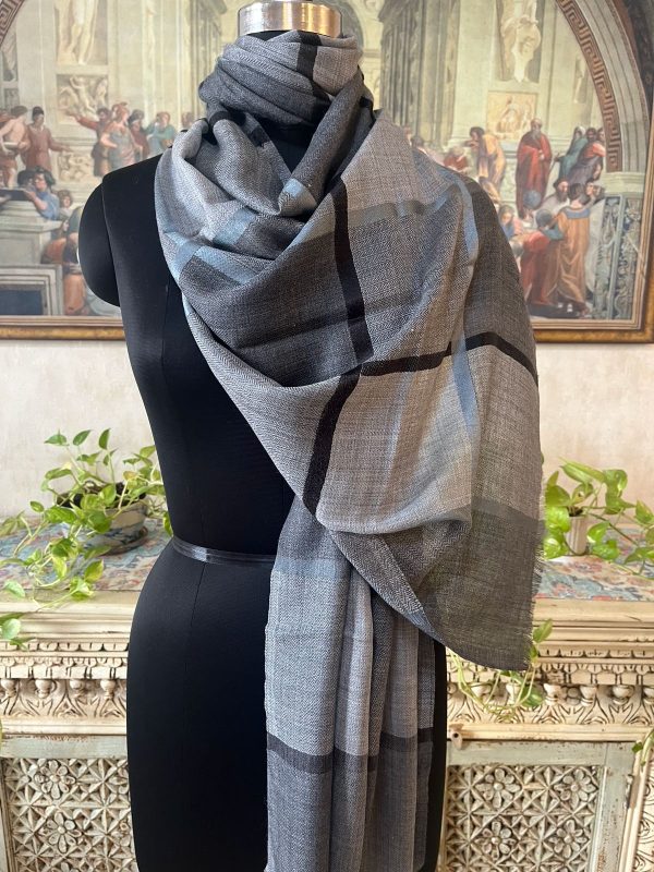 Grey & Black Wool Silk Check Pashmina Shawl - Wholesale Manufacturer & Supplier