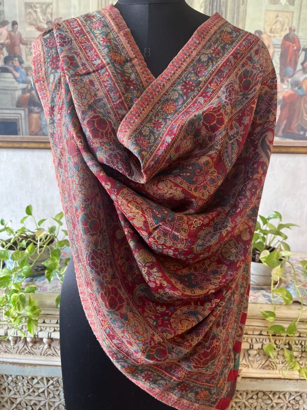 Maroon Wool Kani Stole, Multicolor Weave, Wholesale & B2B Supplier