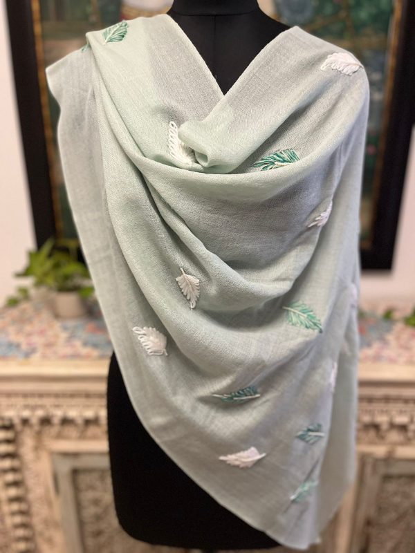 Mint Green Wool Leaf Embroidered Pashmina Stole, Lightweight Warmth, Wholesale & Private Label