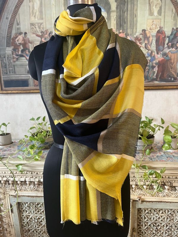 Yellow & Navy Fine Wool Silk Check Pashmina Shawl, Wholesale & Private Label Manufacturer
