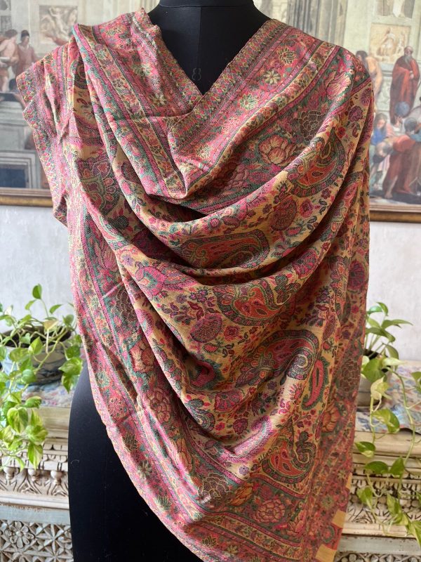 Peach Multicolor Wool Kani Stole, Kashmiri Handloom Weave, Wholesale & Private Label