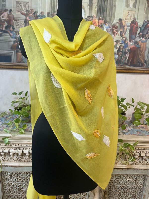 Yellow Wool Kani Embroidered Pashmina Shawls, Leaf Design, Bulk Supplier from India