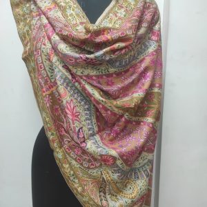 Golden Pink Wool Kalamkari Embroidery Pashmina Shawl for Women