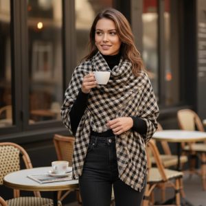 Beige & Black Wool Natural Check Pashmina Shawl for Women