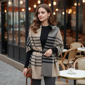 Beige & Black Wool Natural Check Pattern Pashmina Shawl for Women