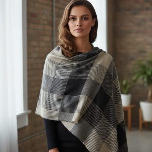 Beige & Black Wool Natural Large Check Pattern Pashmina Shawl for Women