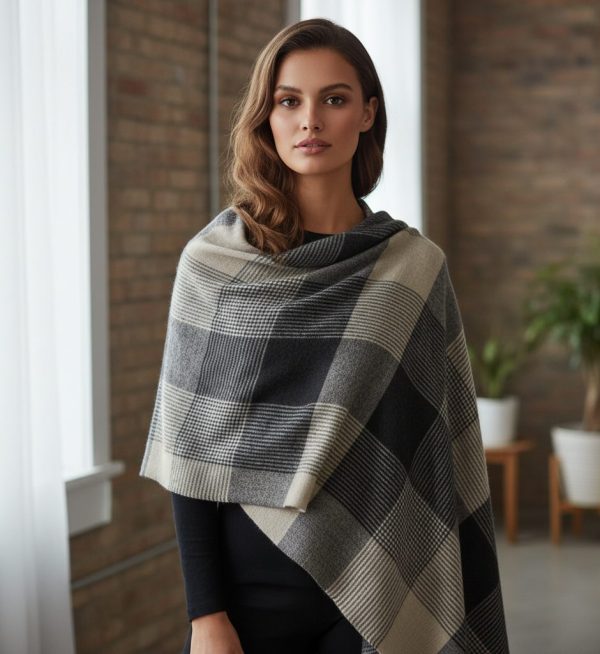 Grey & Beige Wool Tencel Natural Large Check Pashmina Shawl – Wholesale Supplier & Private Label Manufacturer