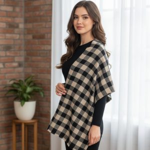 Beige & Black Wool Natural Square Check Pattern Pashmina Shawl for Women