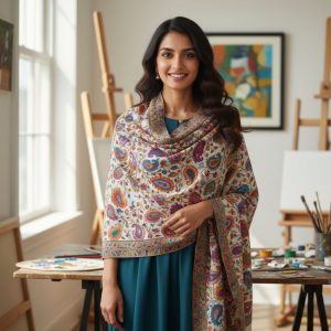 Beige Multicolor Wool Kalamkari Embroidery Pashmina Shawls for Women