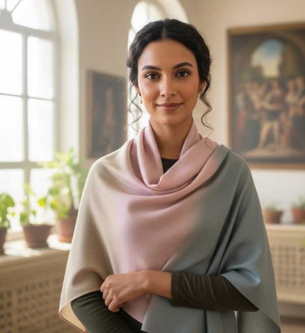 Beige Pink Grey Fine Wool Diamond Weave Ombre Stole, Wholesale & Private Label Supplier